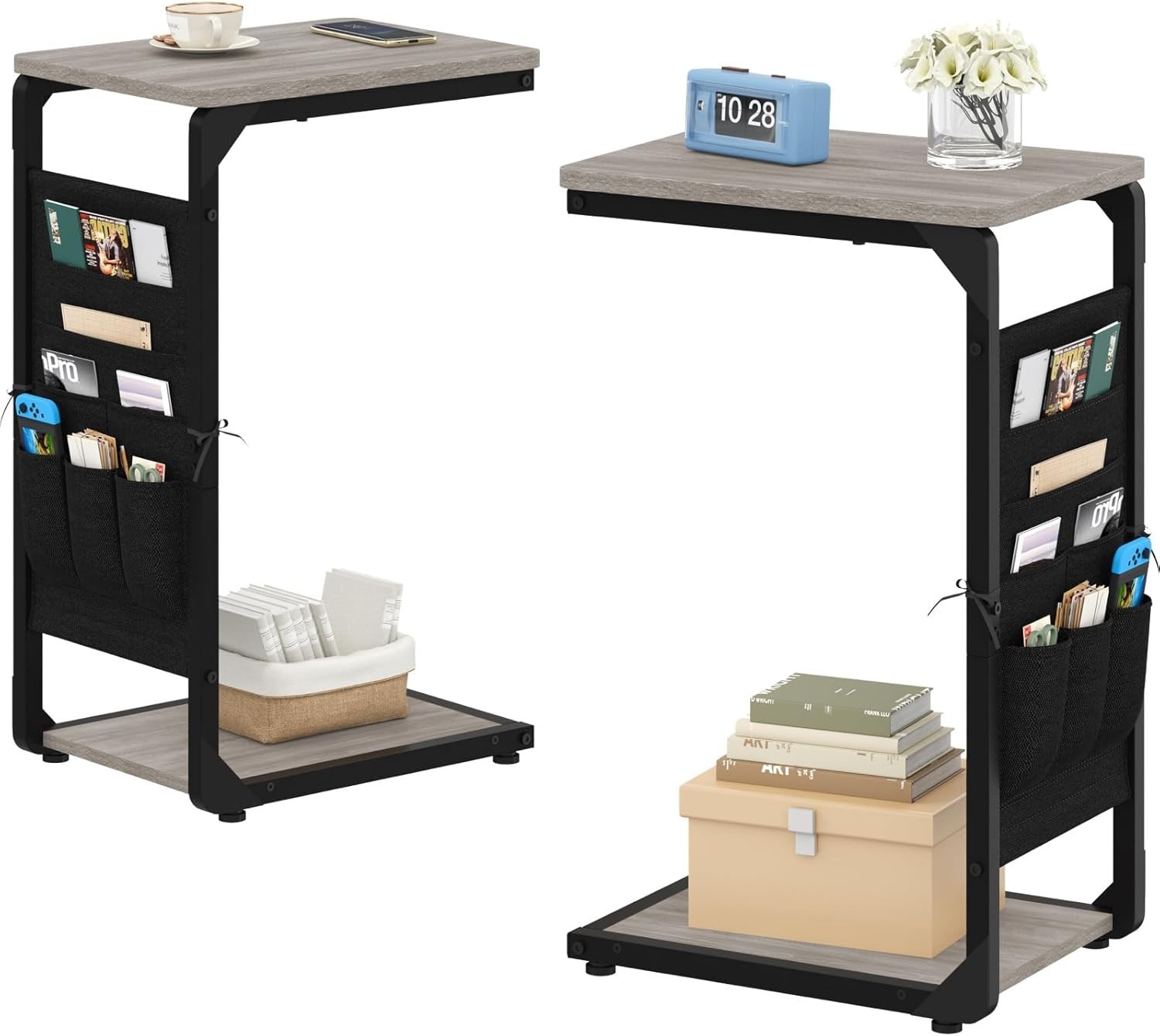 Narrow C-Shaped End Table W/ Storage Bag Small Couch Side Table Sofa TV Tray