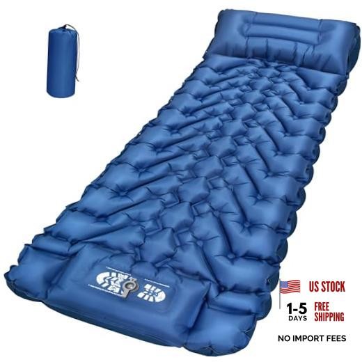 Sleeping Pad, Backpacking Camping Pad with Built-in Pillow and Foot Pump, Blue
