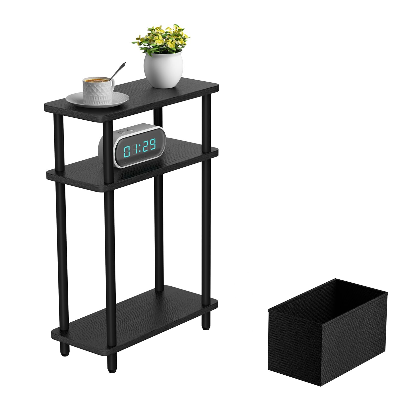 THUMEYE Narrow Side Table with Fabric Basket, 7" 15.7"L x 7"W x 23"H, Black