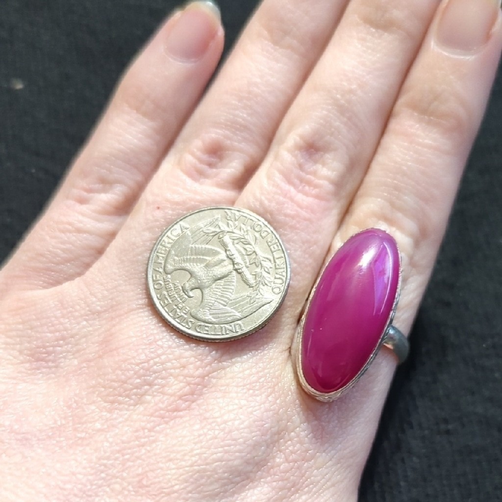 Silver Plated Pink Agate Gemstone Oval Statement Ring - Size 9
