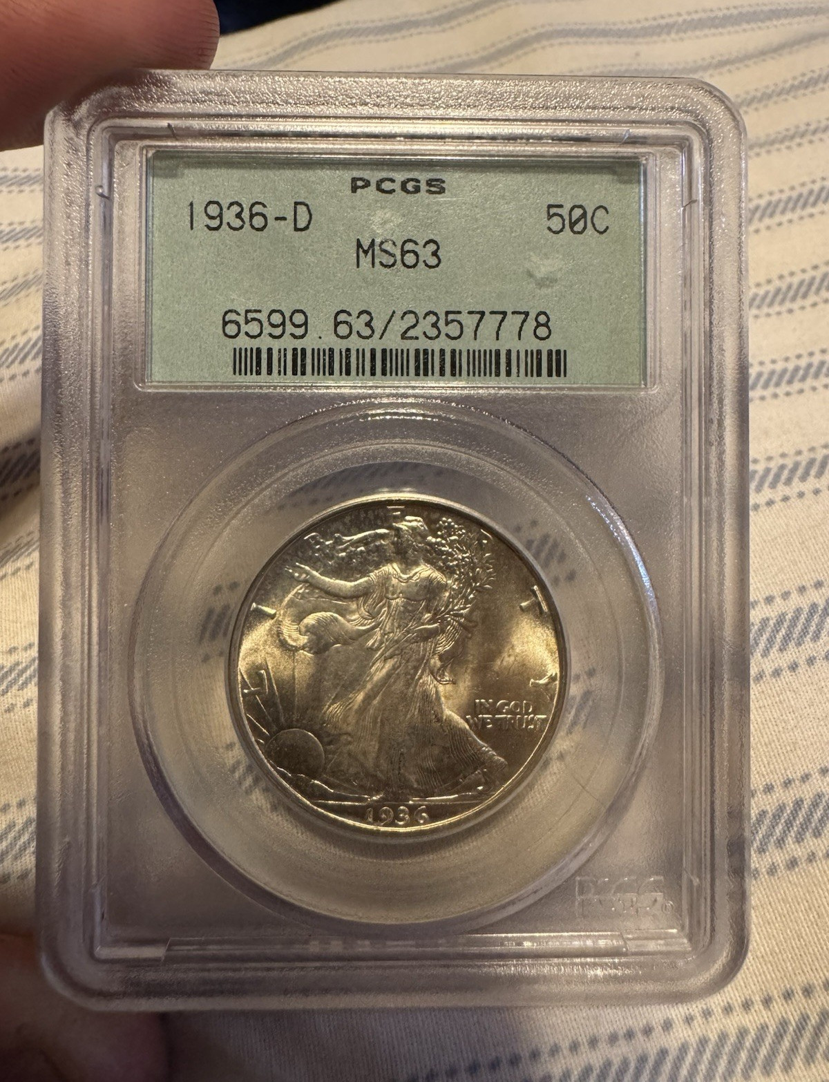 1936-D Walking Liberty Half Dollar PCGS (OGH) MS63 with subtle golden tone