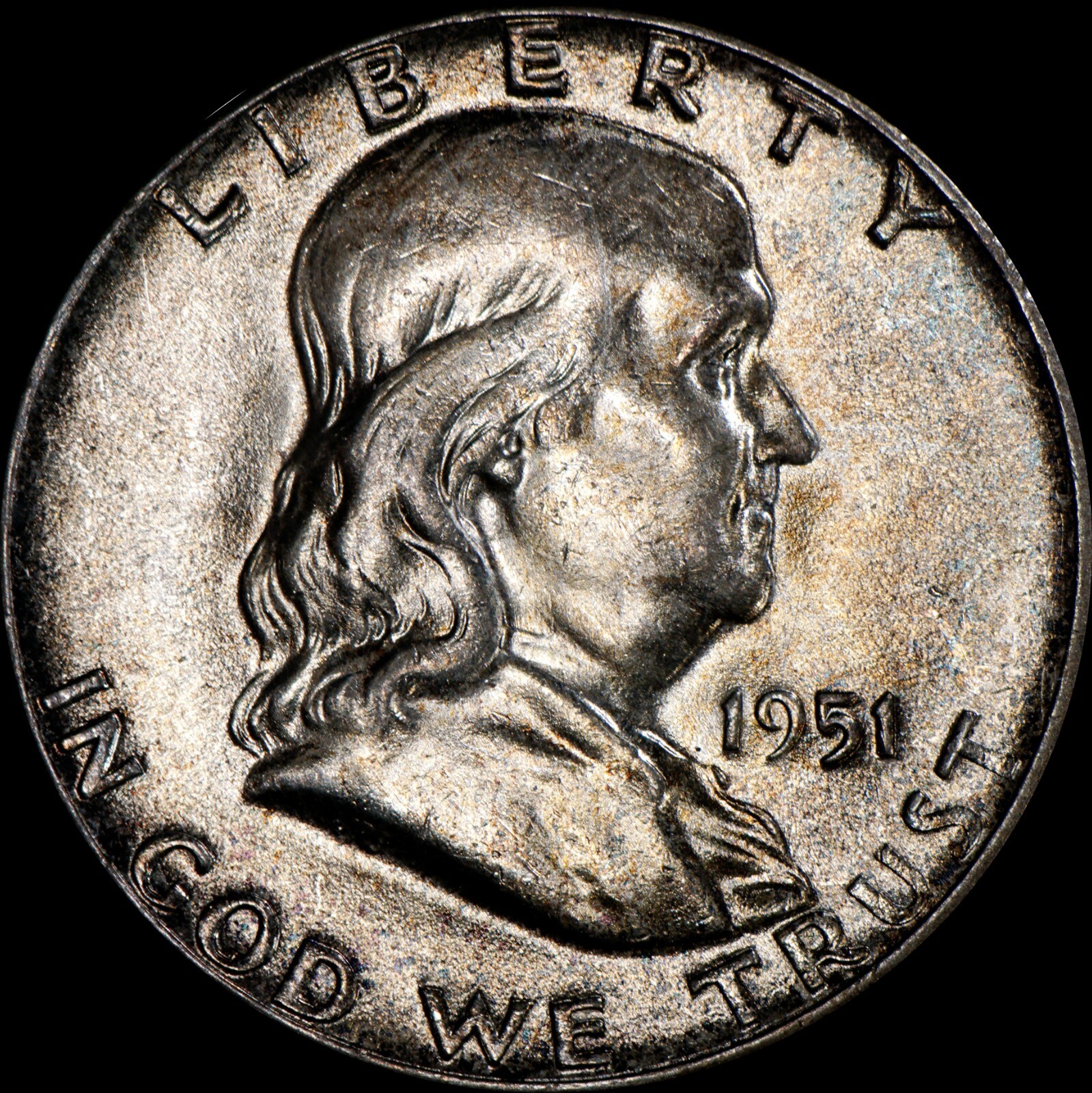 1951 Franklin Half Dollar Silver UNC, Nice Luster & Album Toning, 359