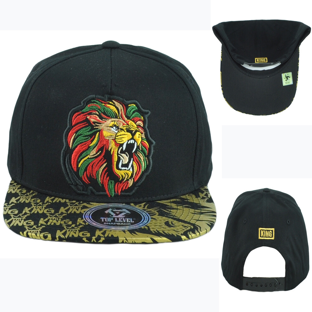 Top Level King Lion Flat Bill Black Gold Structured Adults Men Snapback Hat Cap