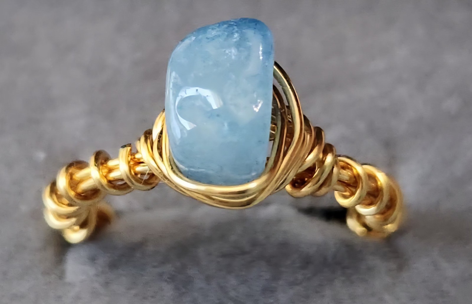 Aquamarine Wire Wrapped Crystal March Birthstone Gemstone Goldtone Ring