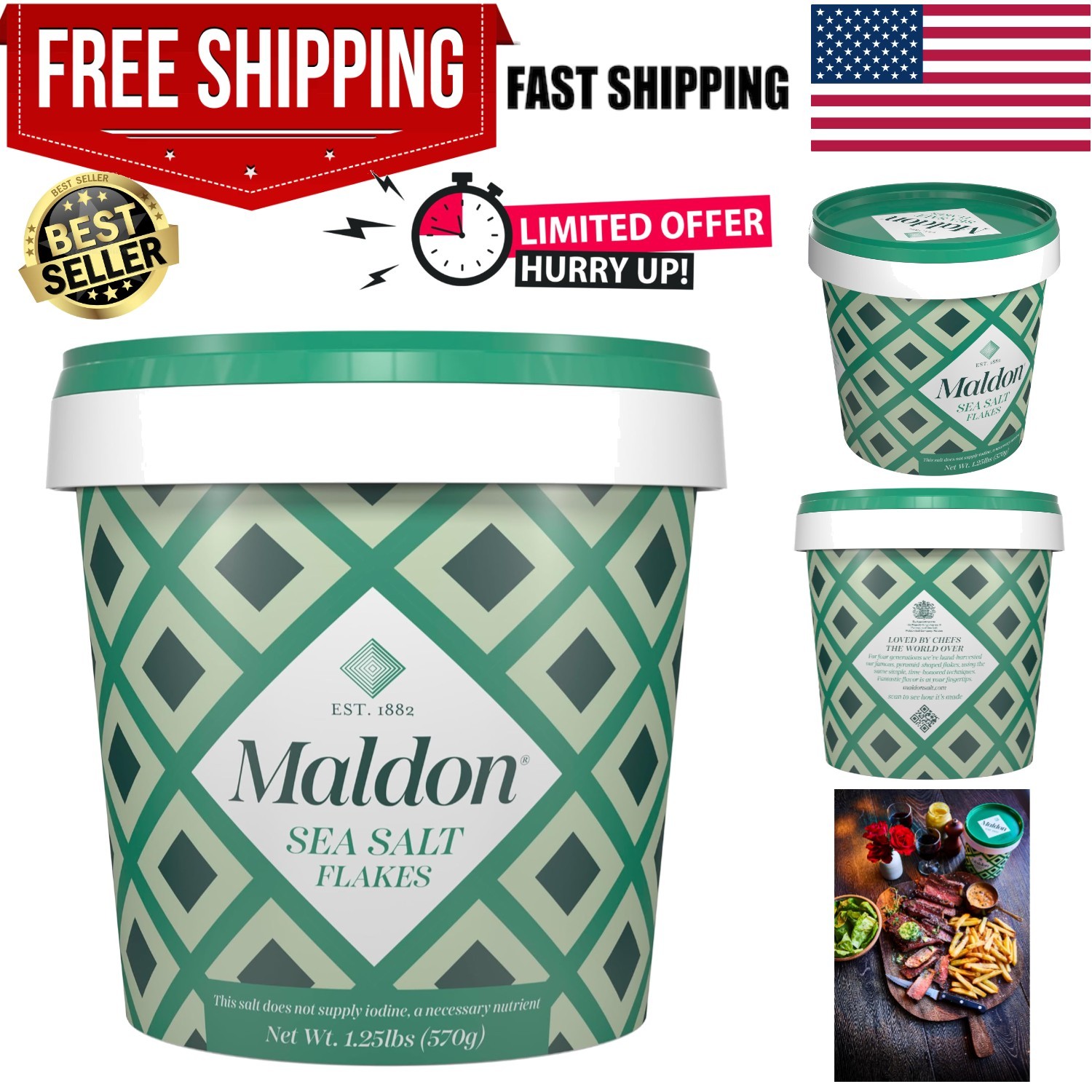 Maldon Salt, Sea Salt Flakes, 20 oz 570 g, Resealable Tub – Kosher, Natural, ...