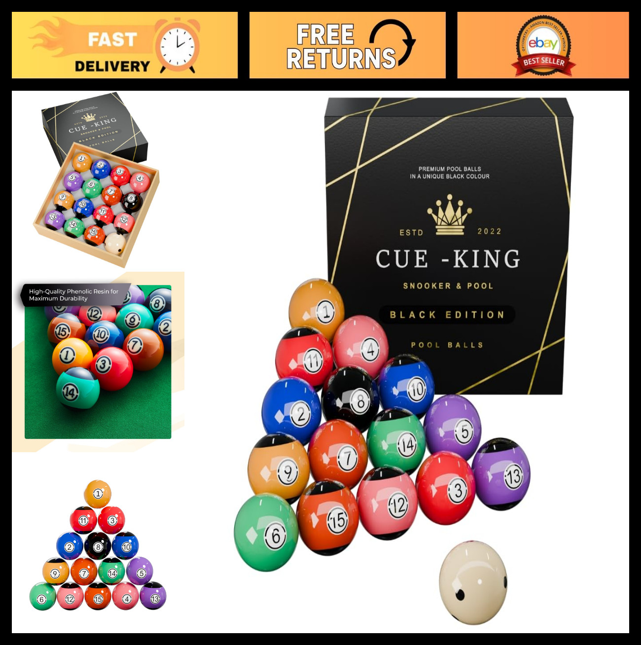 Premium Black Edition Pool Balls Set - Grade AA+ 2-1/4" Billiard Balls with Pro