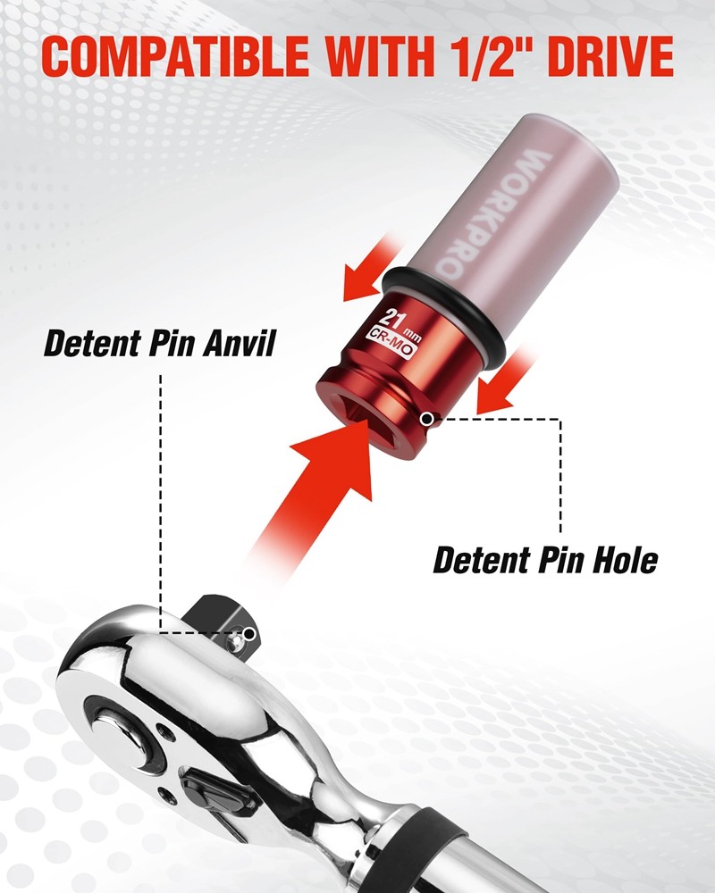 WORKPRO 1/2" Drive Lug Nut Impact Duty Socket 21mm Deep Thin Wall Socket for Car