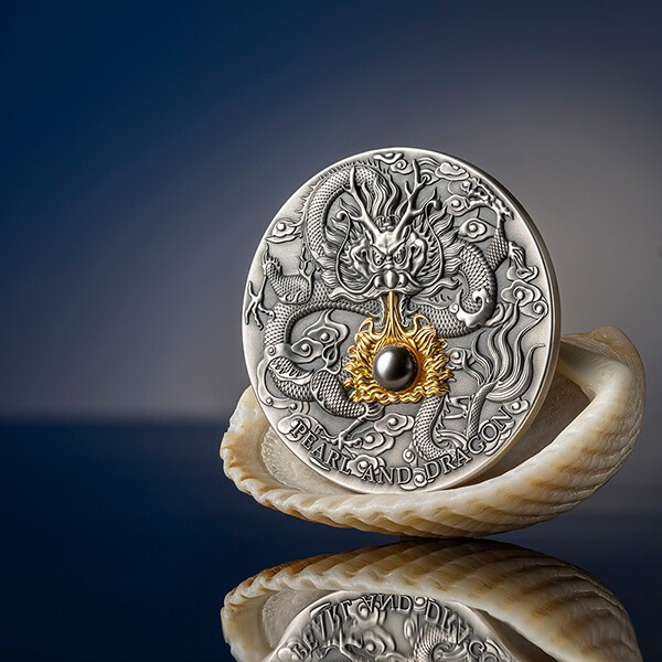 2023 Niue Black Pearl and Dragon Divine Pearls 2 oz Antique finish Silver Coin