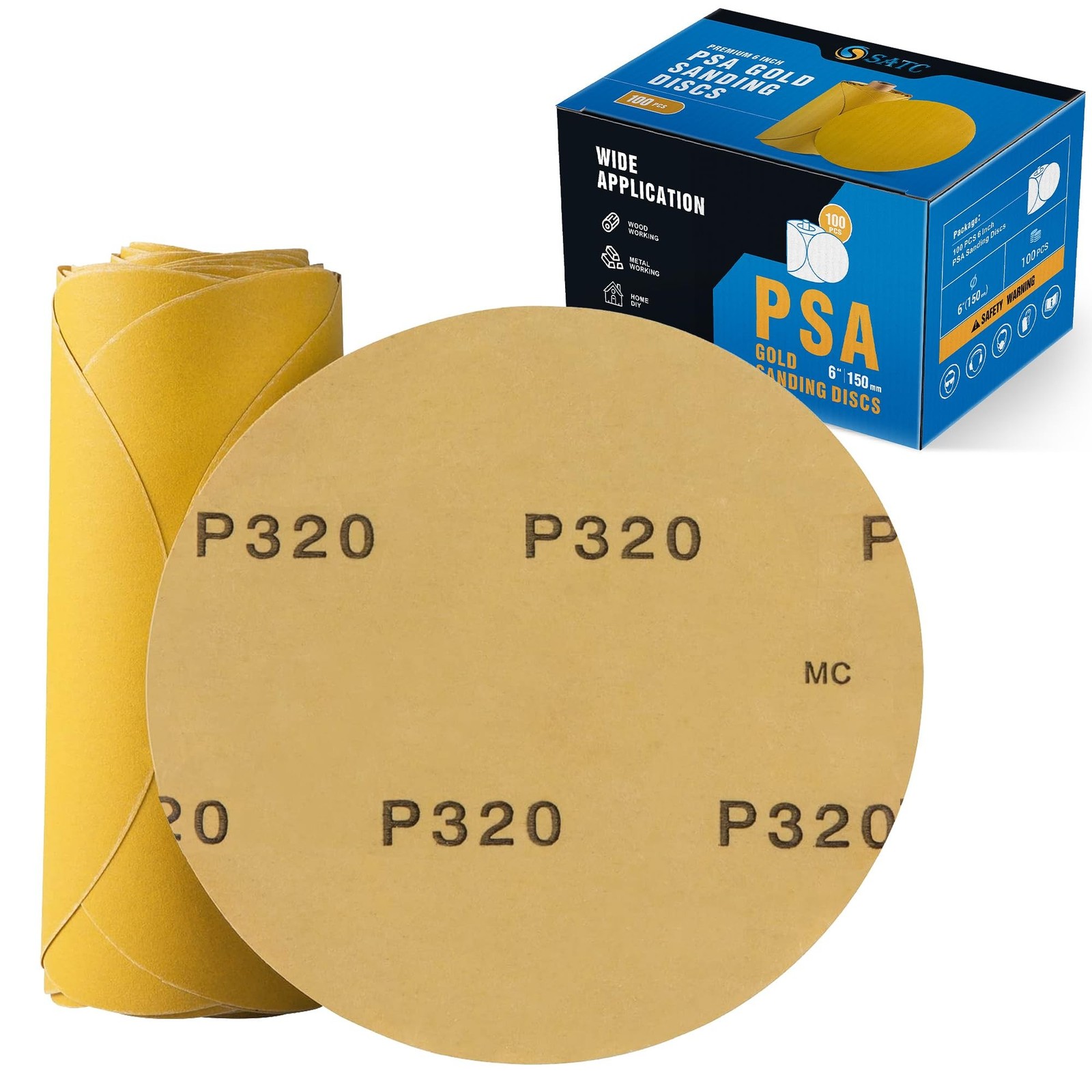 S SATC Premium Gold Sandpaper 6 Inch 100 PCS Sanding Discs 320 Grit Self Adhe...