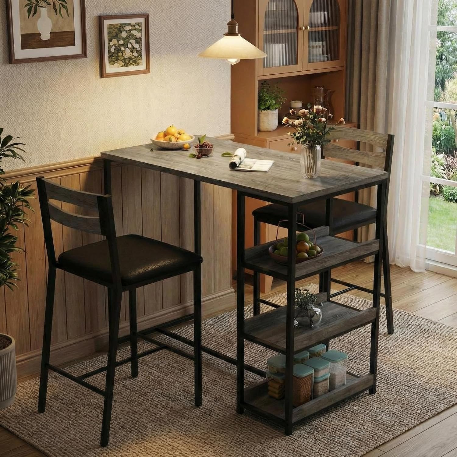 Dining Table Set for 2, Wood Table with Upholstered Chairs | Kitchen Table with