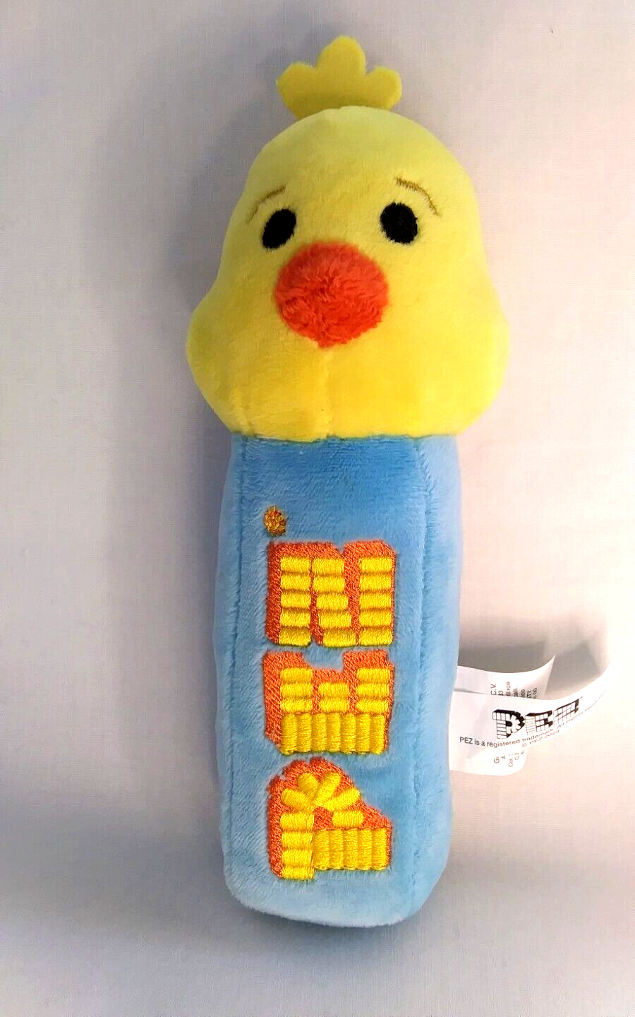 PEZ Chick Easter Plush 7 '' Tall 2'' Thick Yellow Blue Embroidered Features Ruz