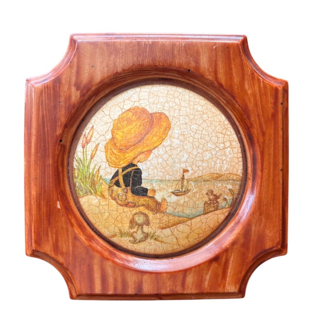 Vintage Decoupage On Chalk Wall Hanging Art Little Boy & Puppy Dog Kitschy