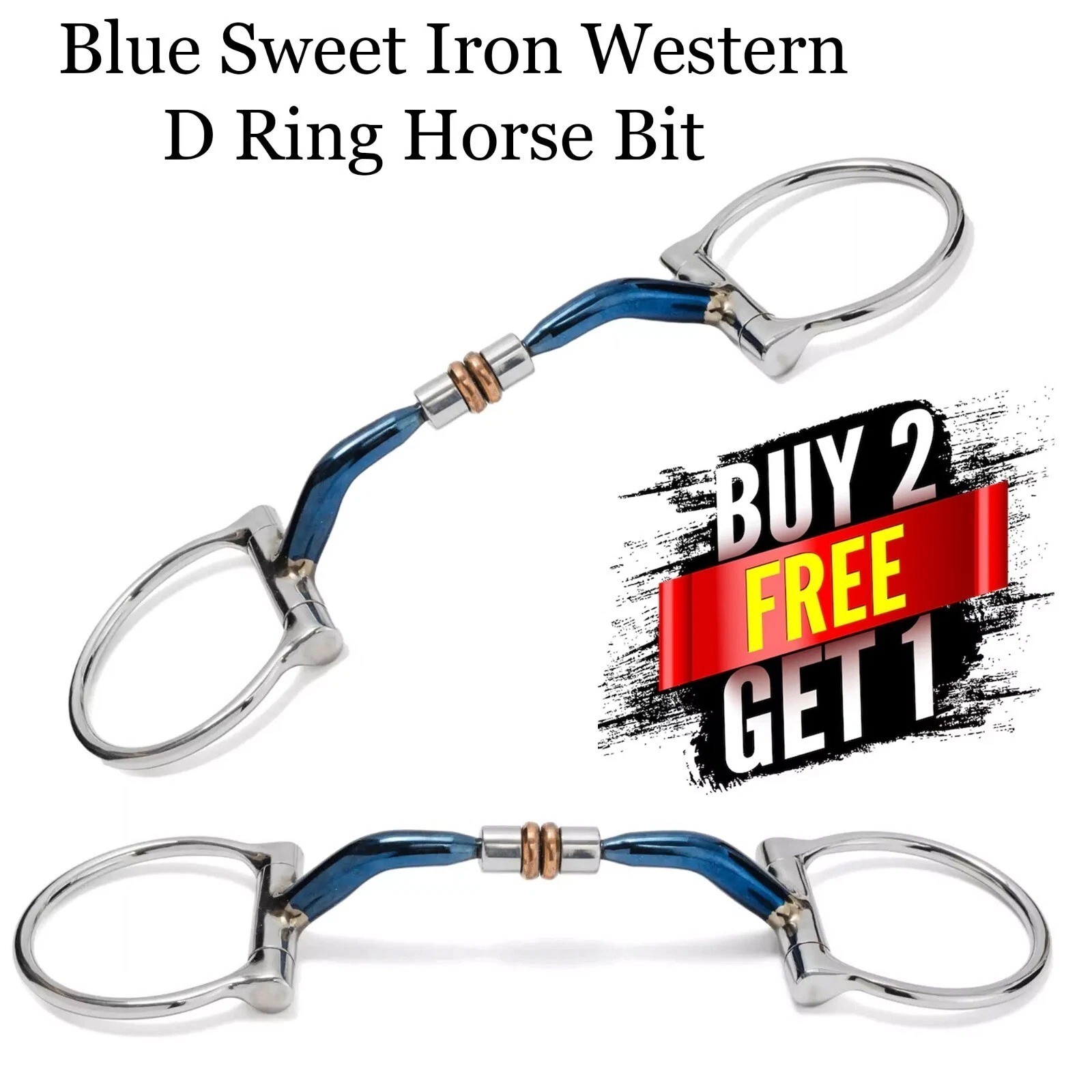 Blue Sweet Iron D-Ring Snaffle Bit with Copper Rollers - Western Horse Bit