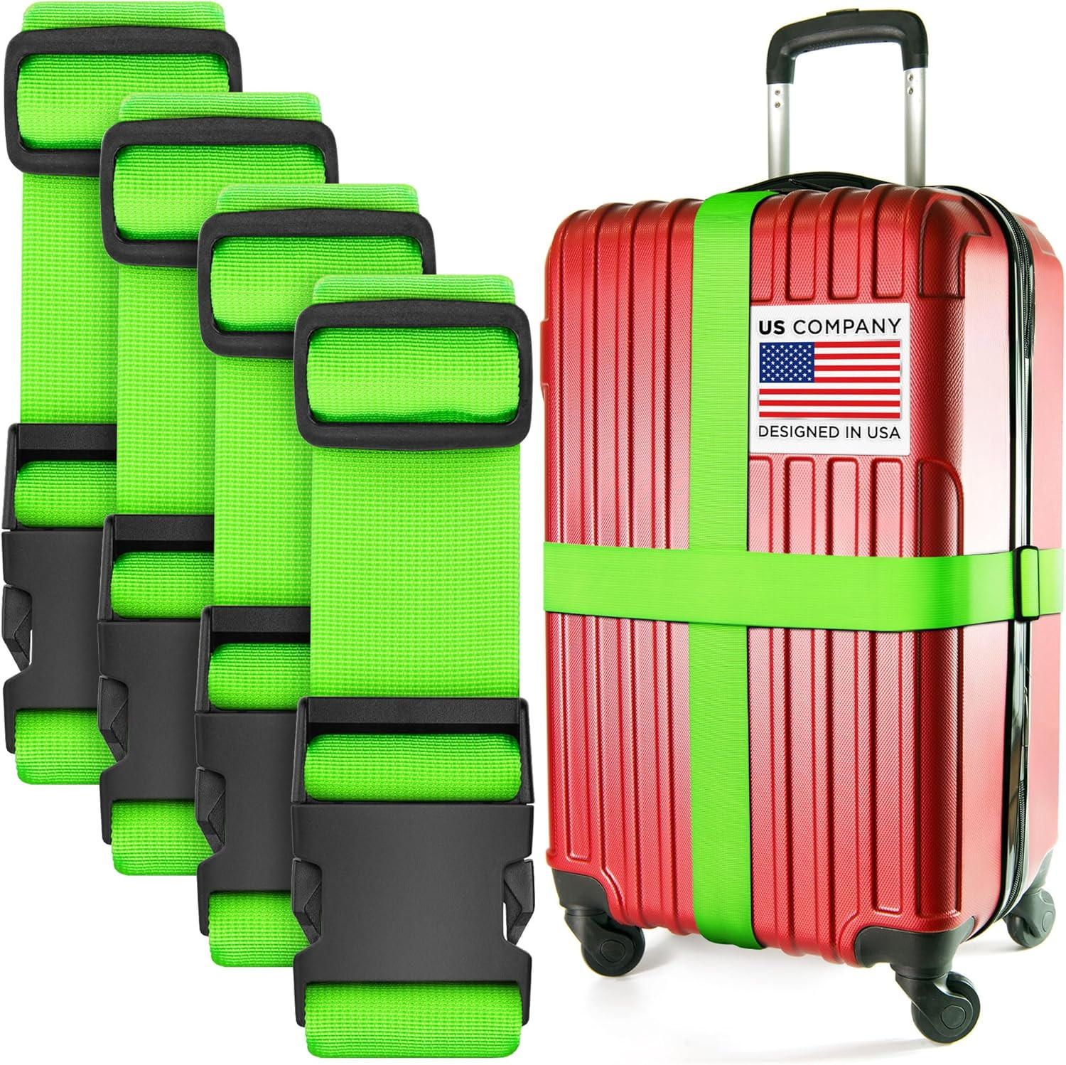 Luggage Straps for Suitcases - TSA Approved - Green, 4 PK - Premium Nylon Belts