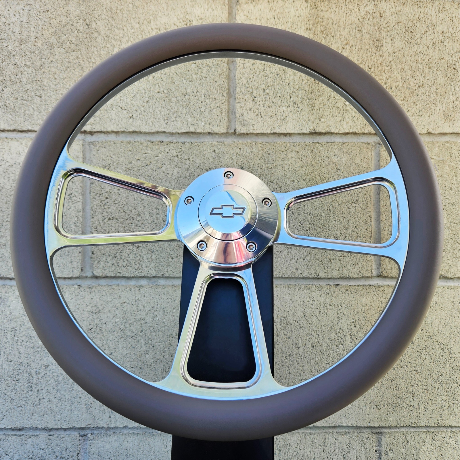 14" Billet Steering Wheel Tri Spoke Gray Half Wrap + Chevy Horn Button Licensed