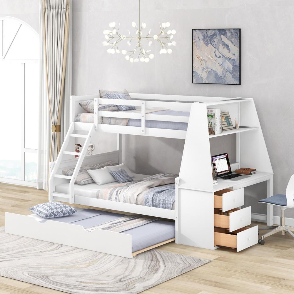 Easy Assembly Twin over Full Bunk Bed with Trundle and Built-in Desk Furniture