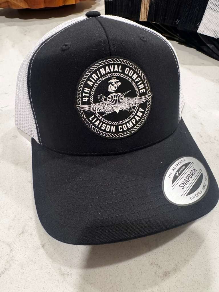 4th ANGLICO Hat - Black/White Snapback | Black Leather Patch White Logo