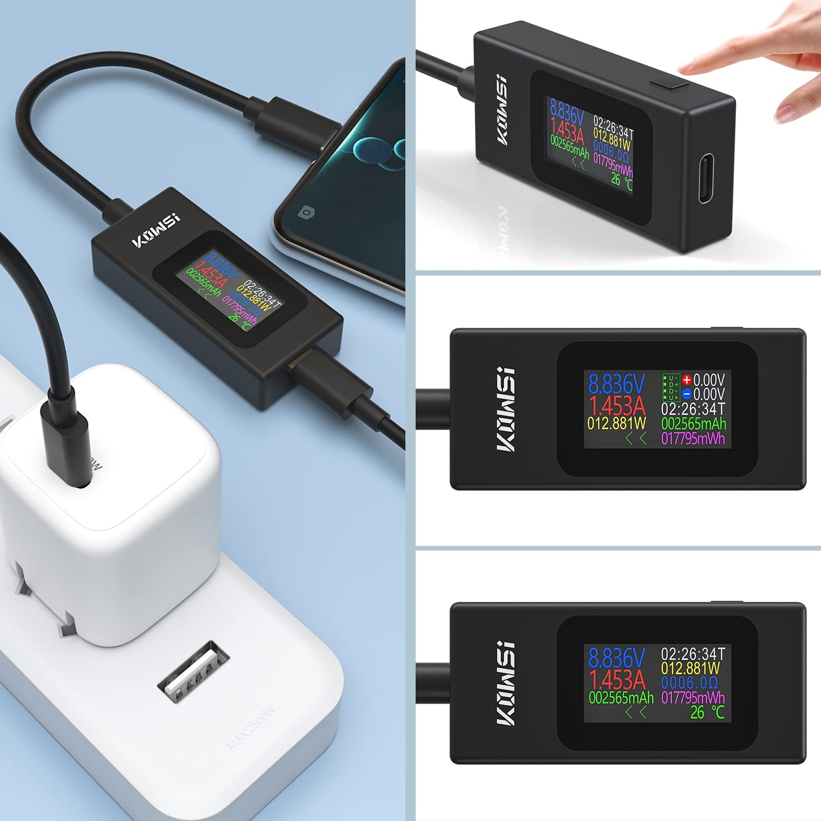 YOJOCK USB C Tester Power Meter 4-30V 0-6.5A Classic Version, Black/Silver