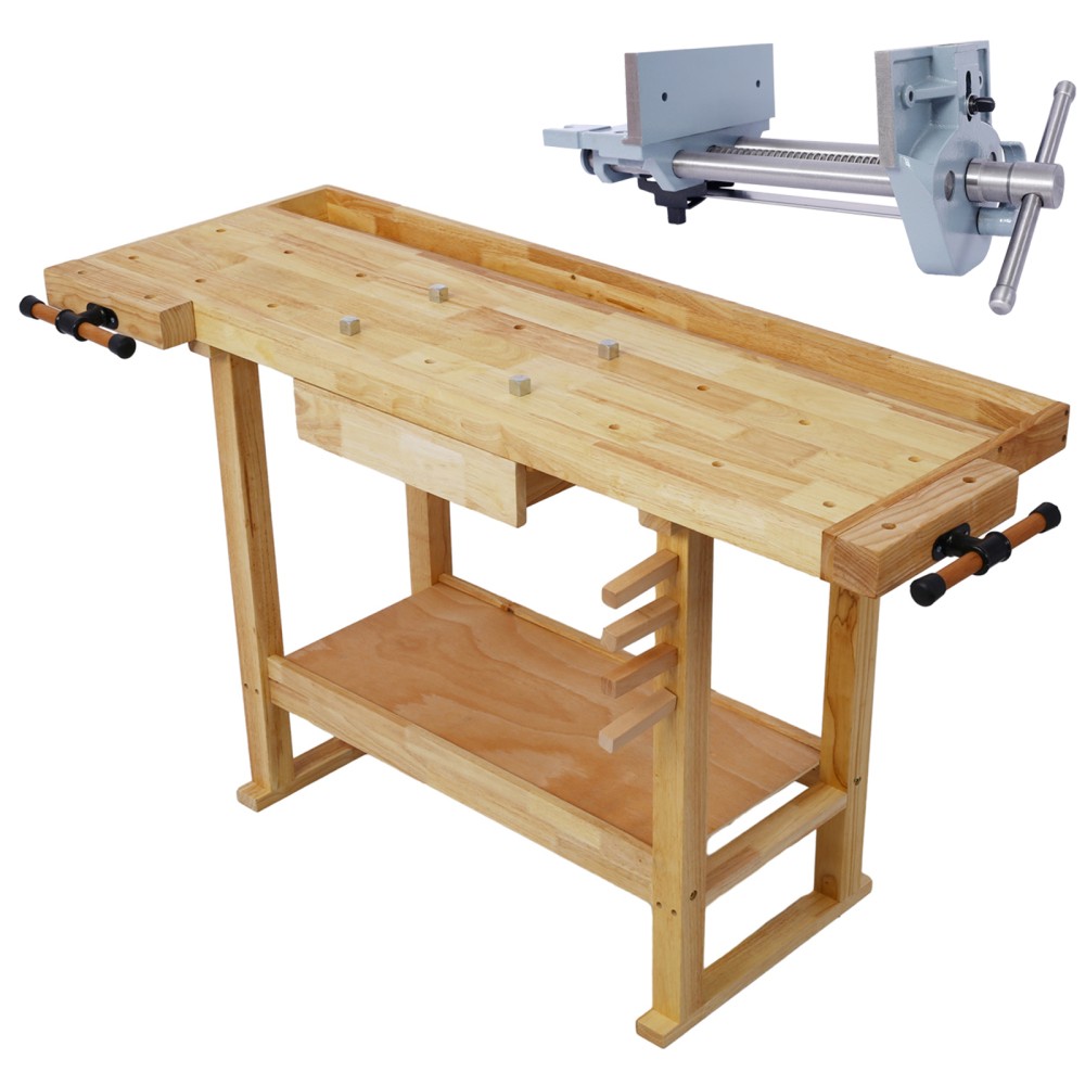 55" Heavy-Duty Wood Workbench w/ 7" Cast Iron Vise - Garage & Home Workshop