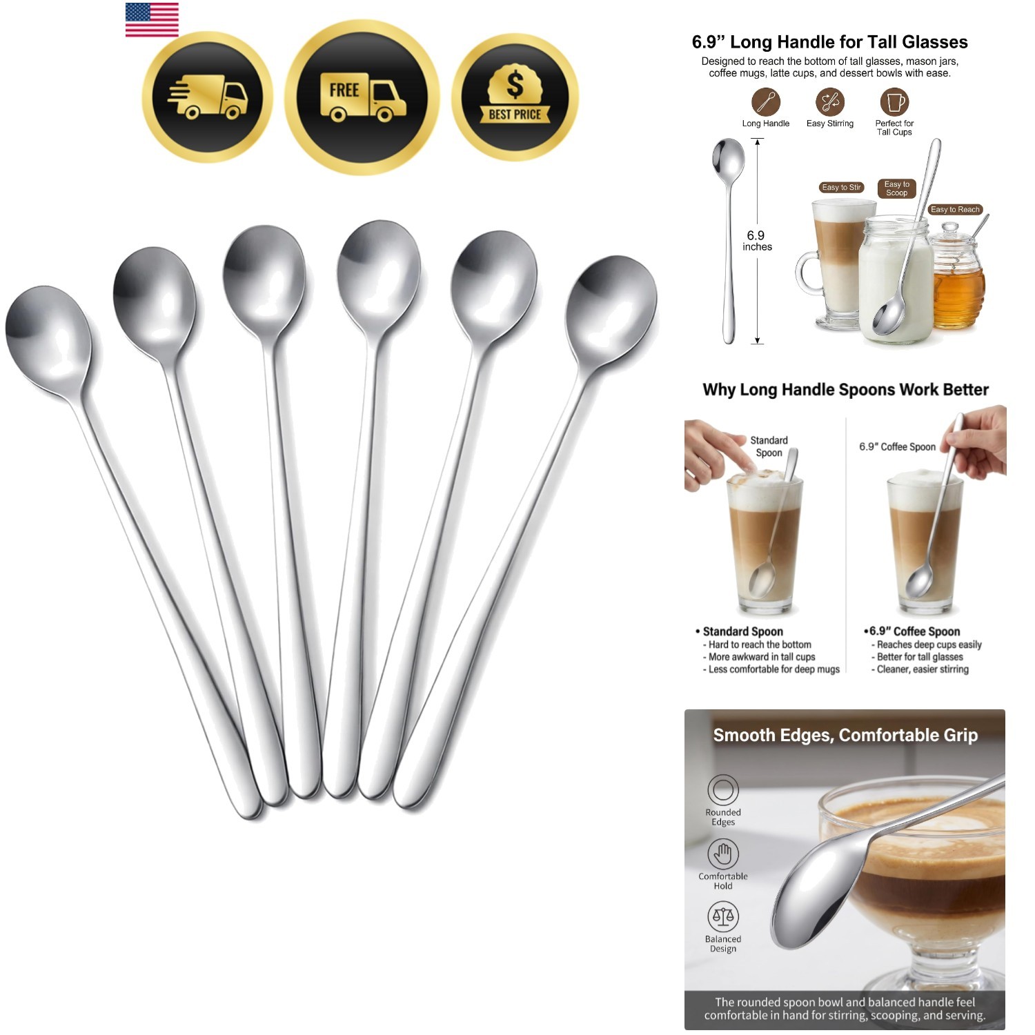 Long Spoons Set of 6, 6.9" Iced Tea Spoons with Long Handle for Stirring | St...