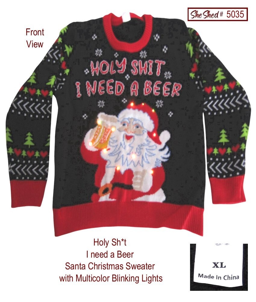 Santa Christmas Sweater XL “Holy Sh*t I Need a Beer” Blinking Lights Funny Ugly