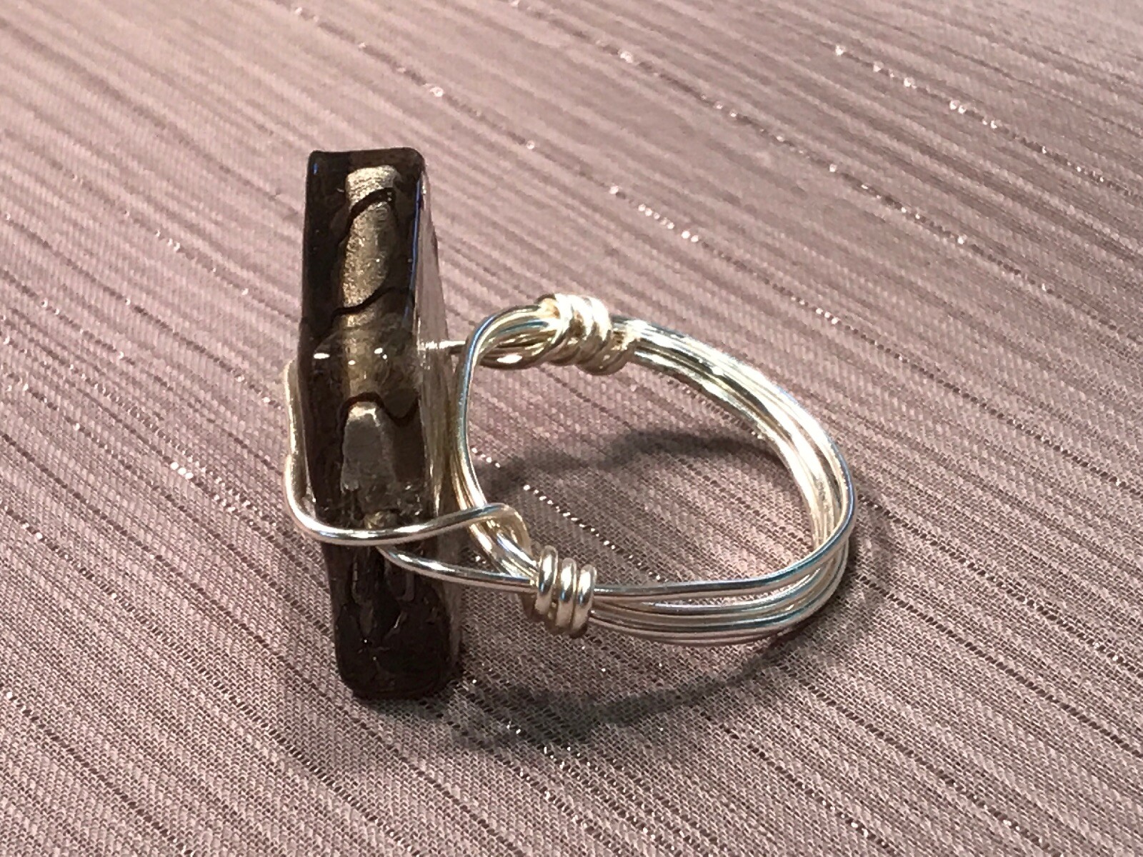 Handmade Artisan Craft Wire Non Tarnish Silver Ring Sq. Large Grey Bead Size 9