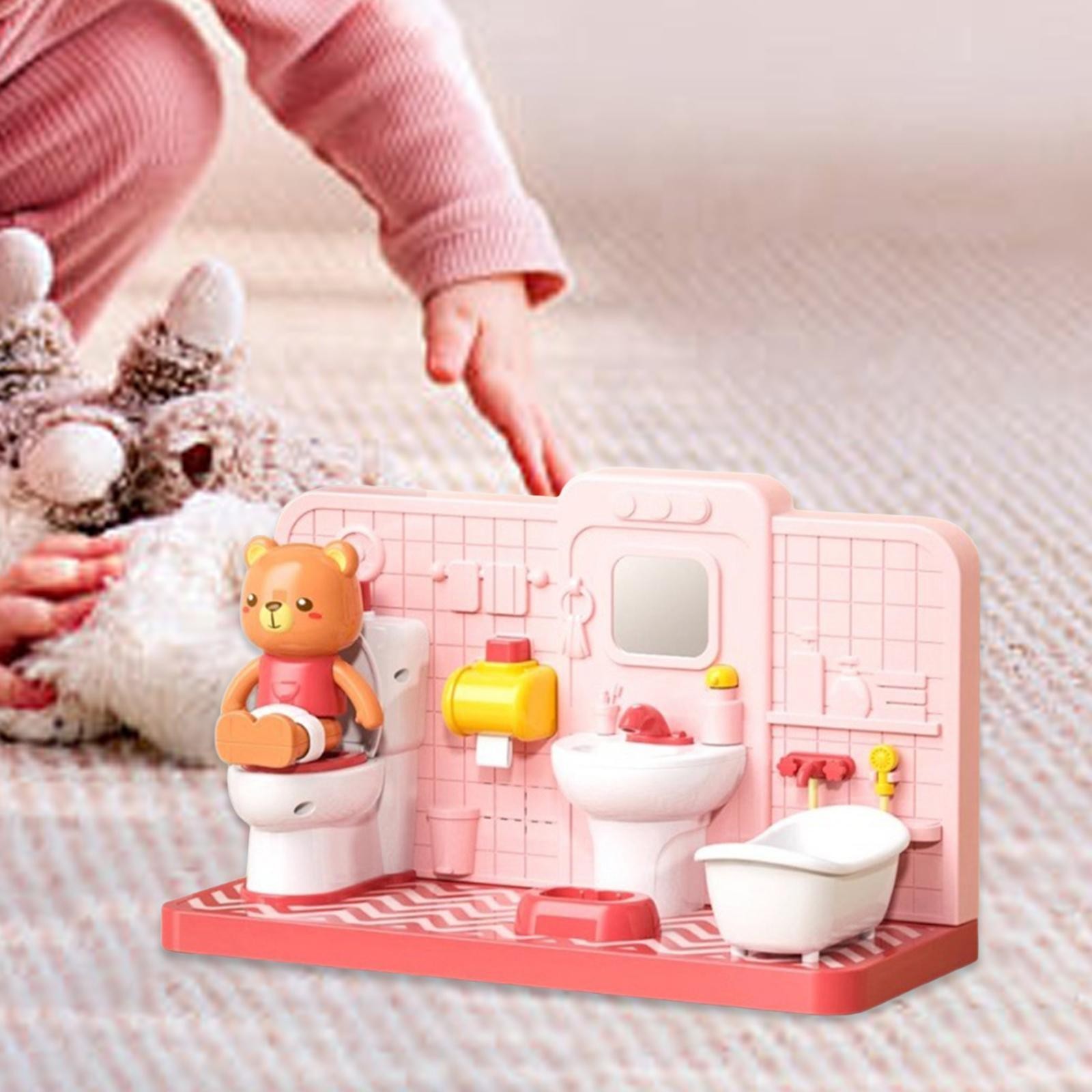 Dollhouse Furniture Set Miniature Toilet Toy Crafts with Bear Restroom
