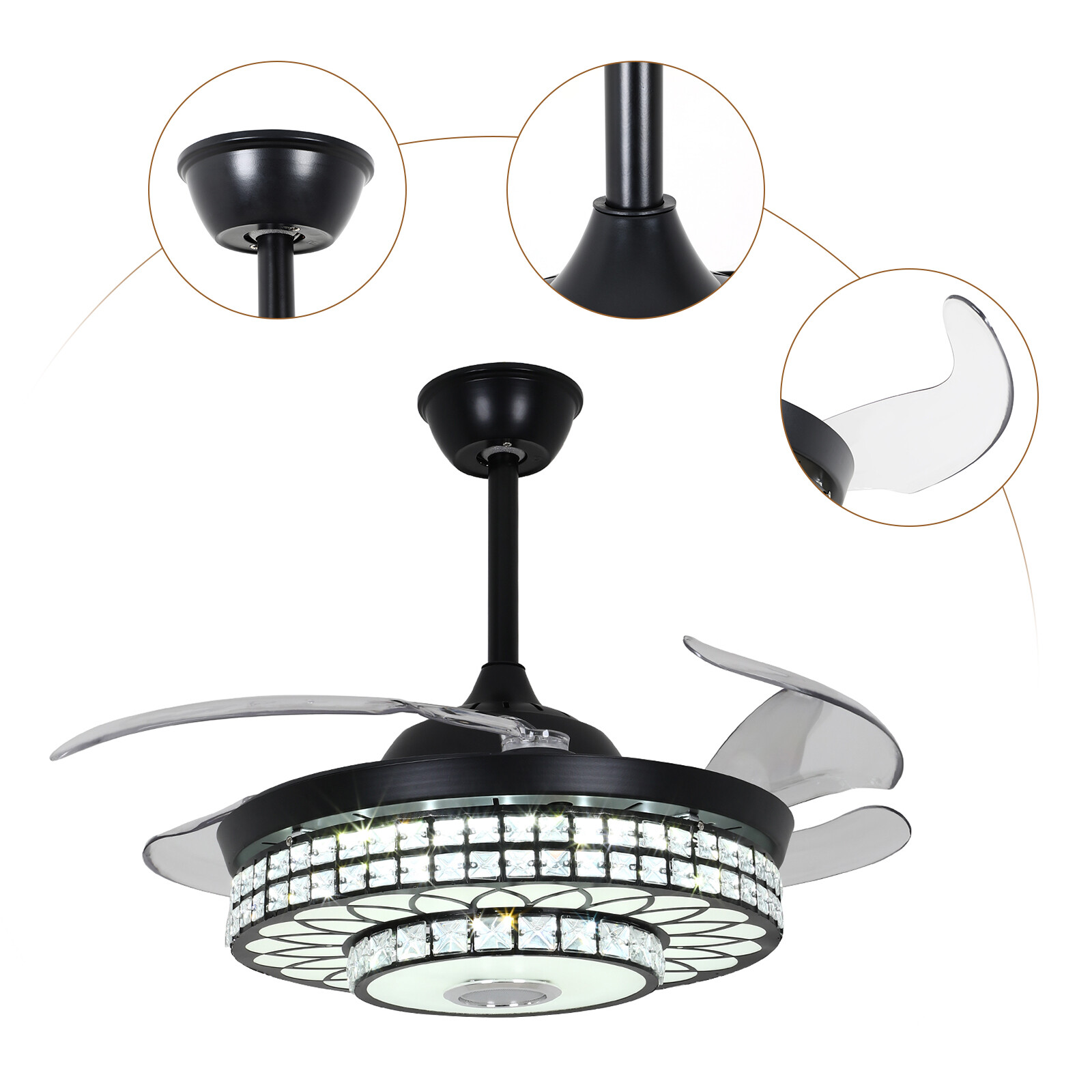 42" Retractable Ceiling Fan w/ Light & Bluetooth Speaker Dimmable LED Chandelier