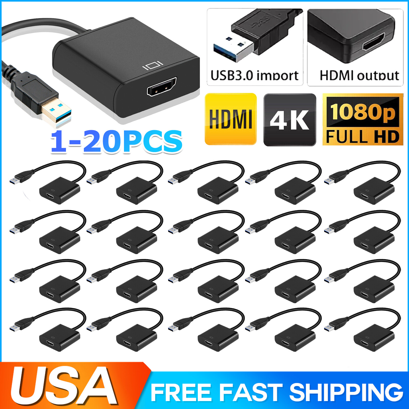 Lot of HD 1080P USB 3.0 to HDMI Video Cable Adapter For PC Laptop HDTV Converter