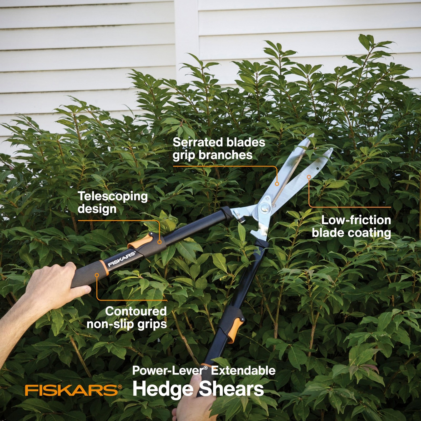 Fiskars Power-Lever Extendable Hedge Shears, Self-Sharpening Serrated Steel B...