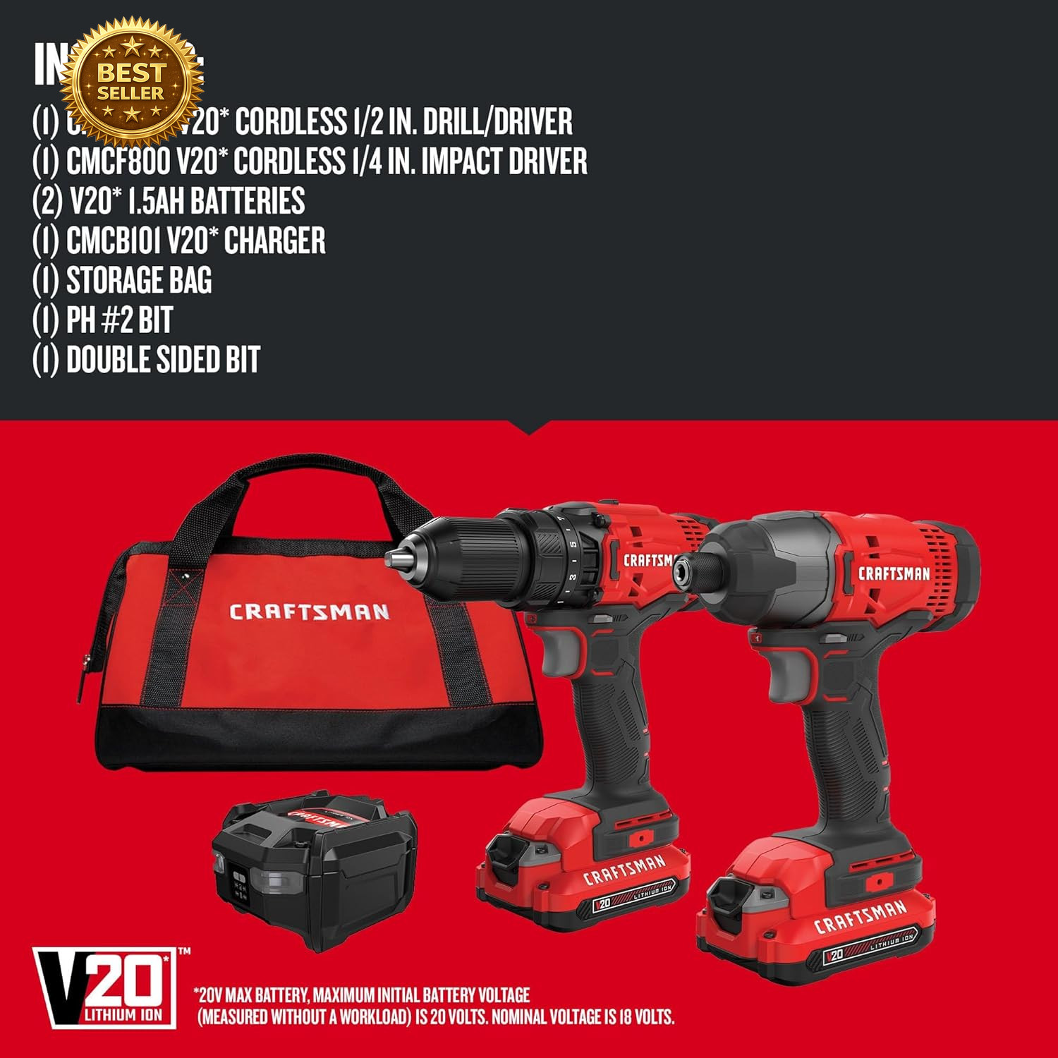 V20 MAX Cordless Drill & Impact Driver Combo Kit 2 Batteries LED Light