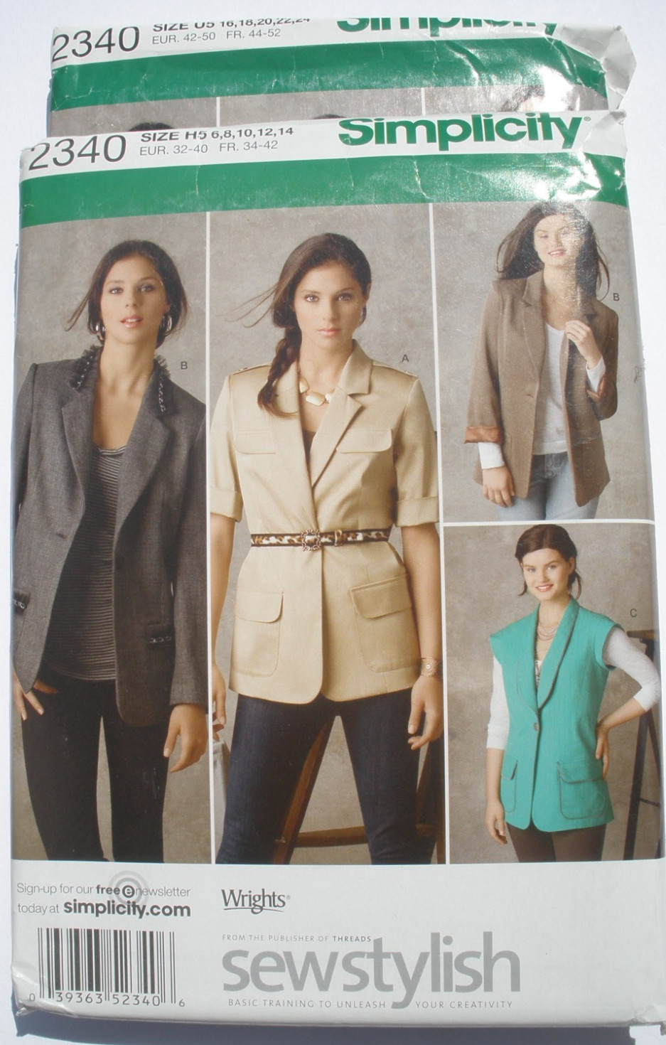 SIMPLICITY 2340 MISSES & M PETITE LINED & UNLINED BOYFRIEND JACKET 6-14 or 16-24