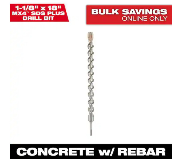 Milwaukee 1-1/8”x 18" SDS Plus MX4 4 Cutter Carbide Bit 48-20-8356 Concrete Reba