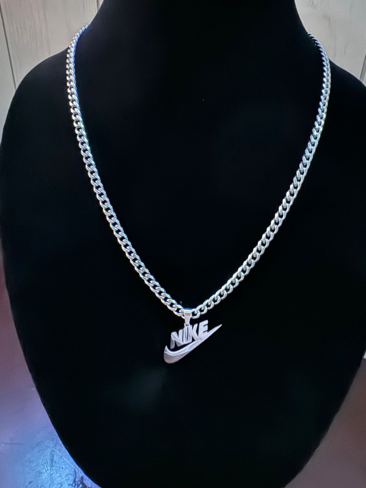 22” Nike Swoosh Pendant + Necklace Silver Plated Stainless Steel - 5mm Cuban
