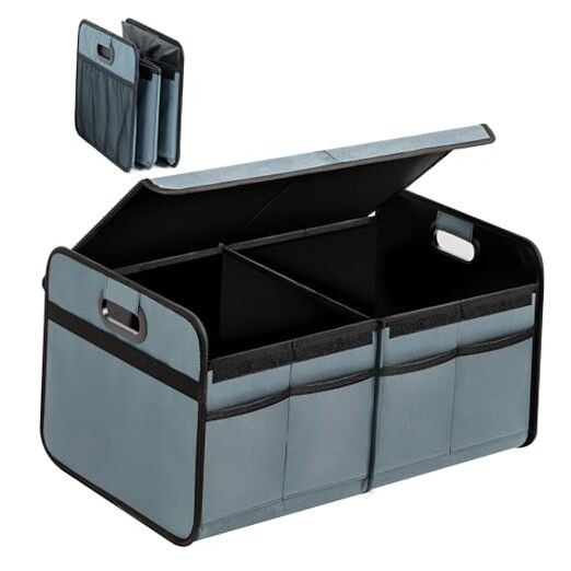 Car Trunk Organizer with Lid, Collapsible 1 Pack Grey-Green 2 Compart with Lid