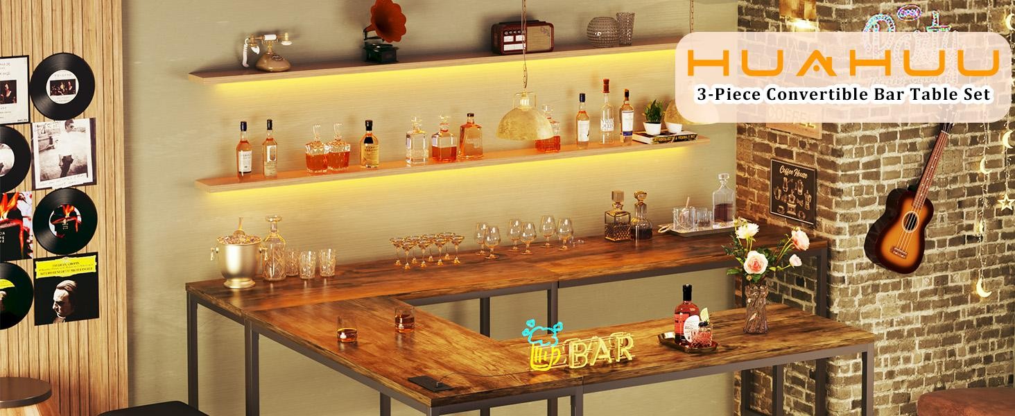 L Shaped Bar Table with Stools, 63‘’ Bar Height Table with Power Outlets,