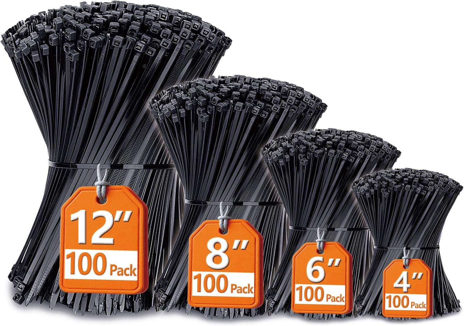 Zip Ties Assorted Sizes(4”+”+”+12”), 400 Pack, Black Cable Ties, UV Resistant Wi
