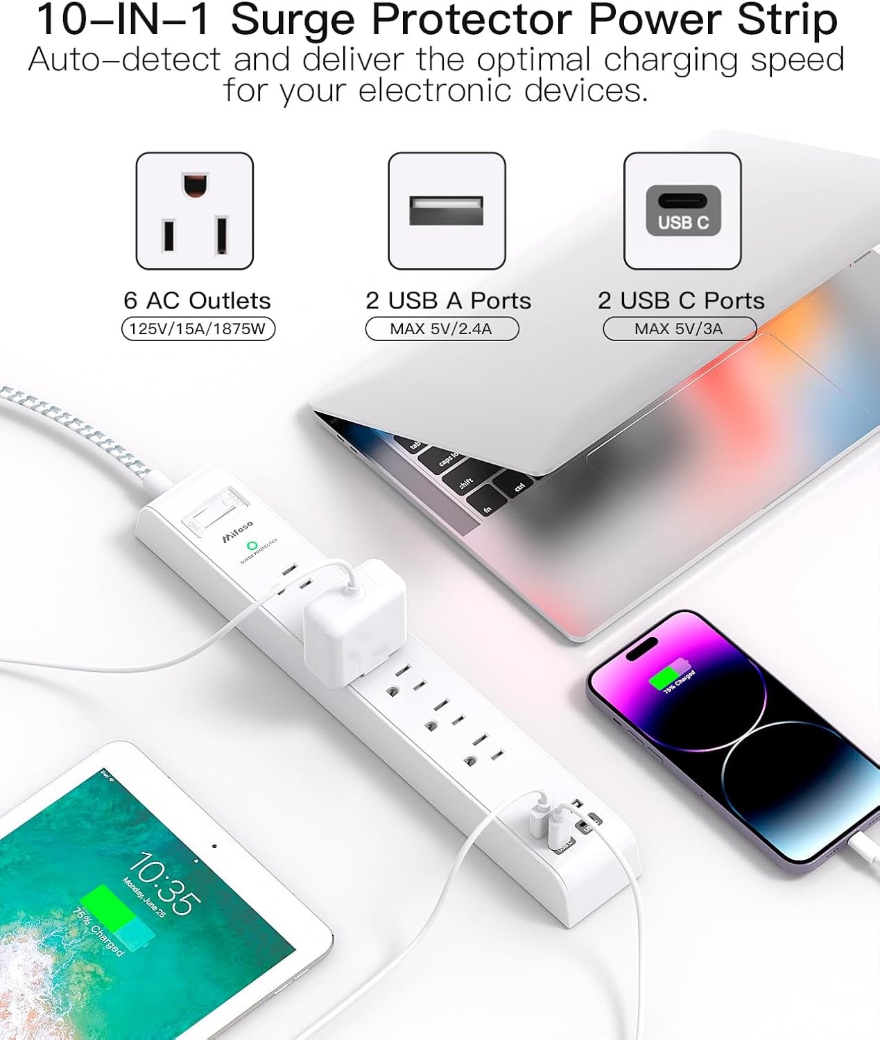 Protector Power Strip 10 ft with 4 USB Ports 2 USB-C 6 AC Outlets, Flat Plug