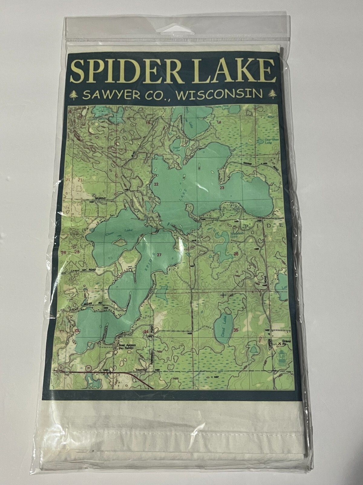 Spider Lake Map Kitchen Towel, Measures 27 1/2 X 18 inches