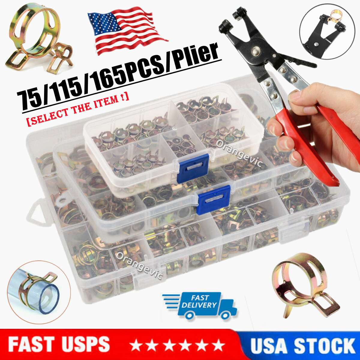 75/115Pcs Spring Hose Clamps/Plier Kit Fuel Line Water Pipe Tube Clips Fasteners