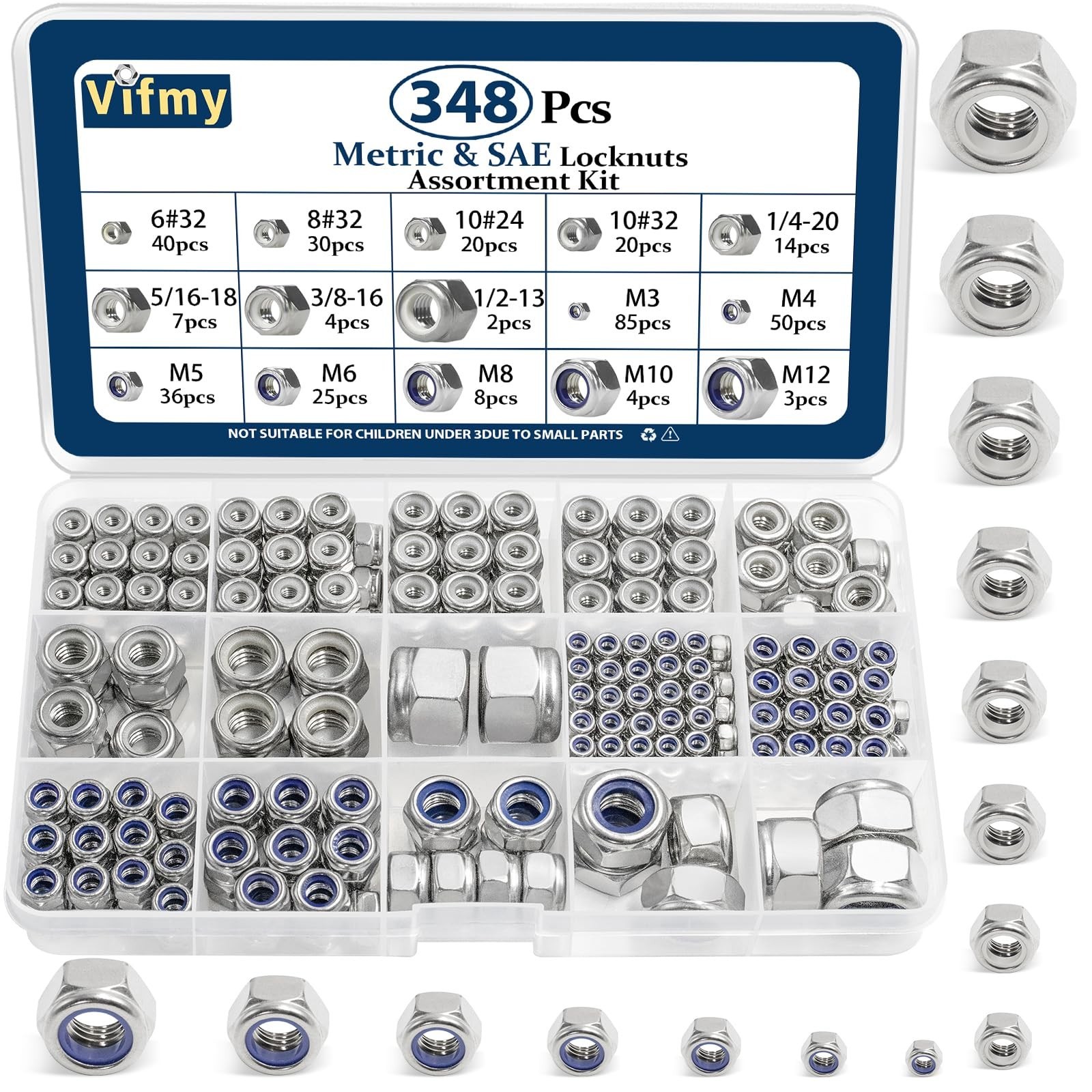 SAE & Metric Nylon Insert Lock Nuts Kit(348Pcs),6#32 8#32 10#24 10#32 1/4-20 ...