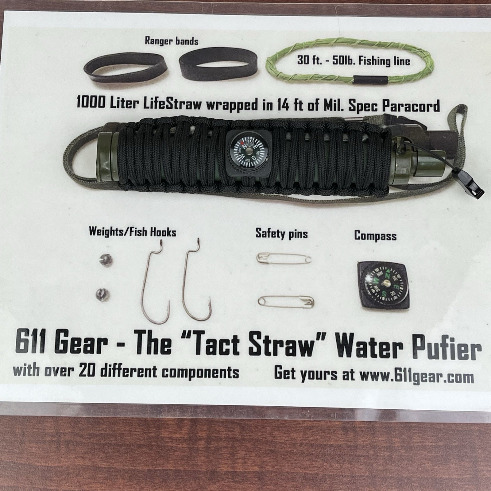 Survival Water Purifier Straw Fishing kit 14ft Black 550 Paracord Compass,