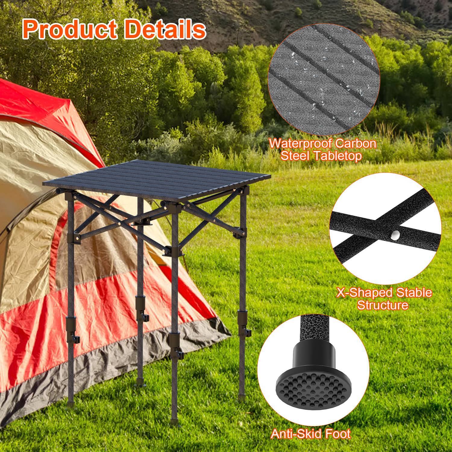 Portable Folding Camping Table with Adjustable Height Legs Hanging Net Rustproof