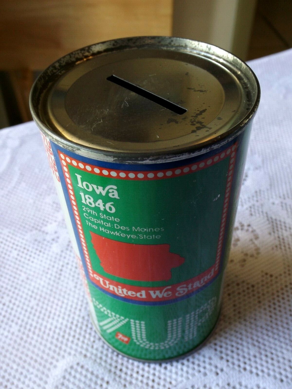 VINTAGE 7-UP IOWA SODA CAN BANK  * BICENTENNIAL 1976 STEEL CAN *