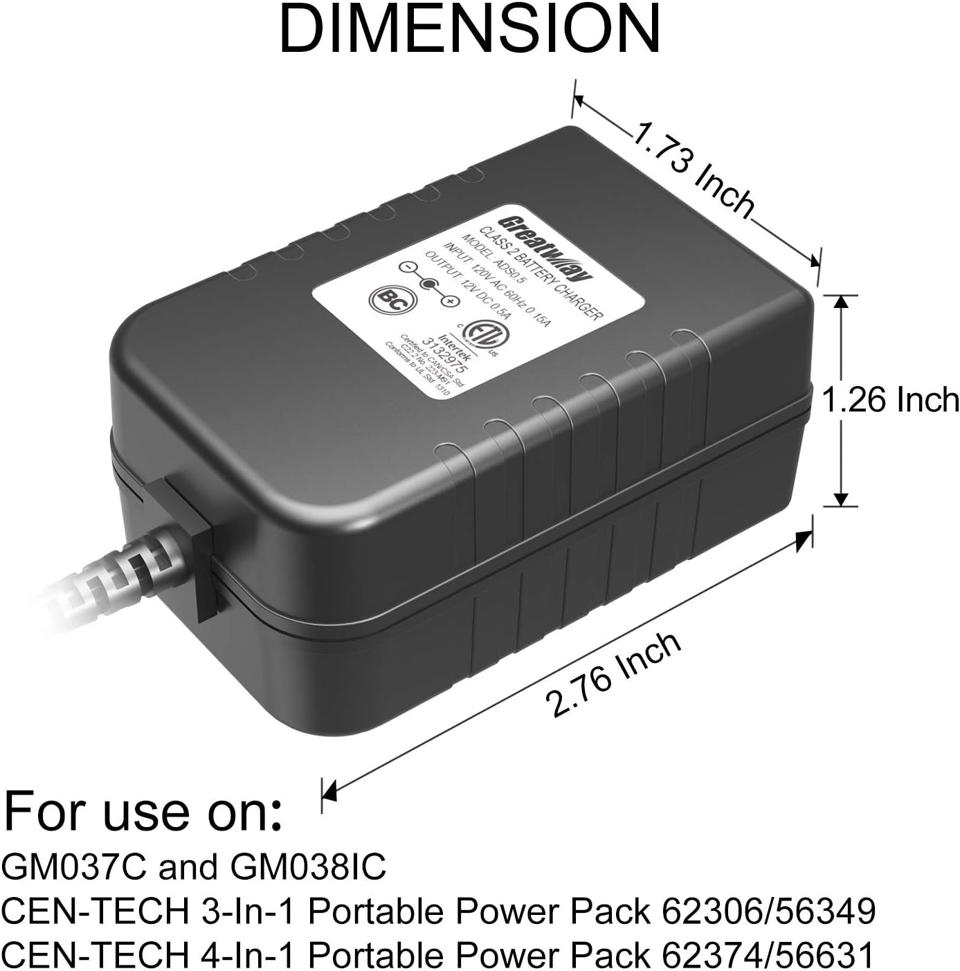 Battery Charger 12V 0.5A Class 2 Replacement Power Supply ETL Certified