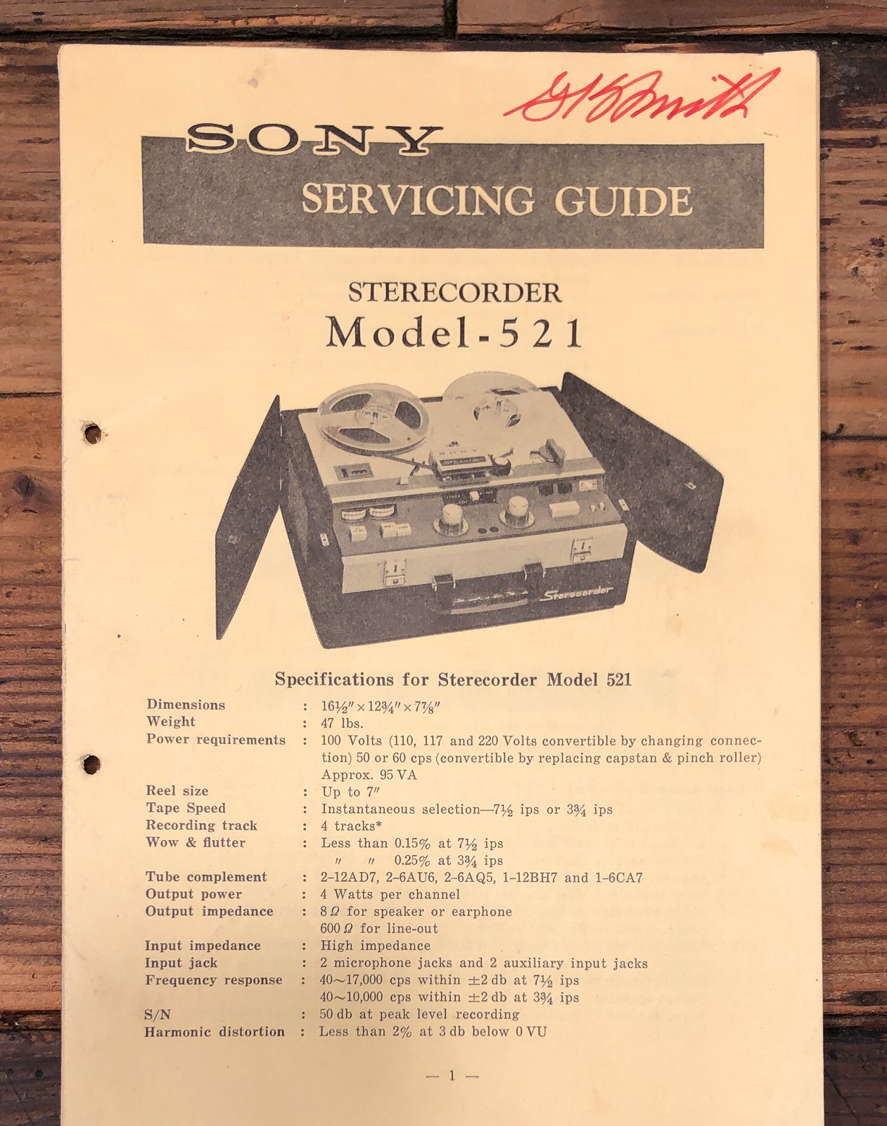 Sony Model 521 Tape Recorder Service Manual *Original*