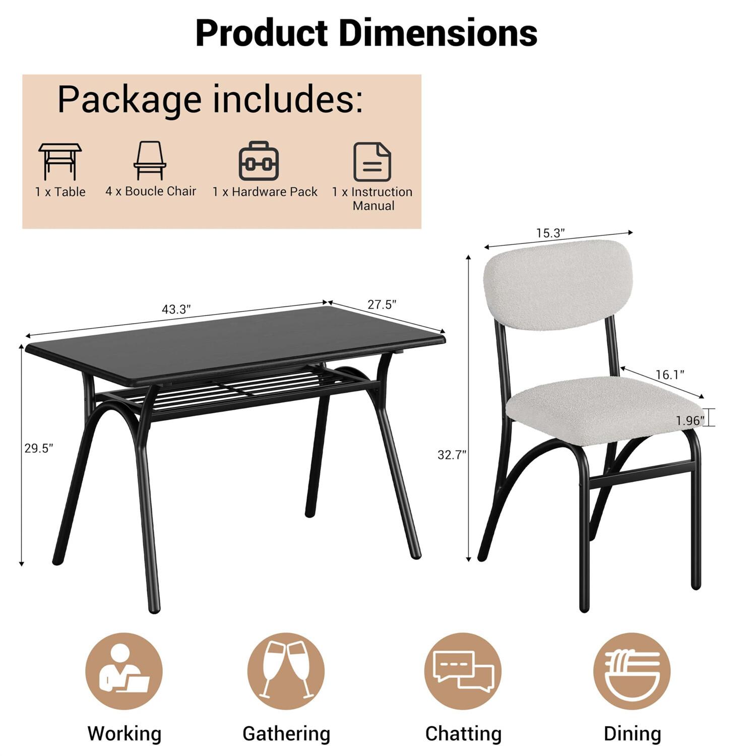 ✅Dining Table Set for 4 Kitchen Table with Boucle Chairs for 4 Modern Rectangula