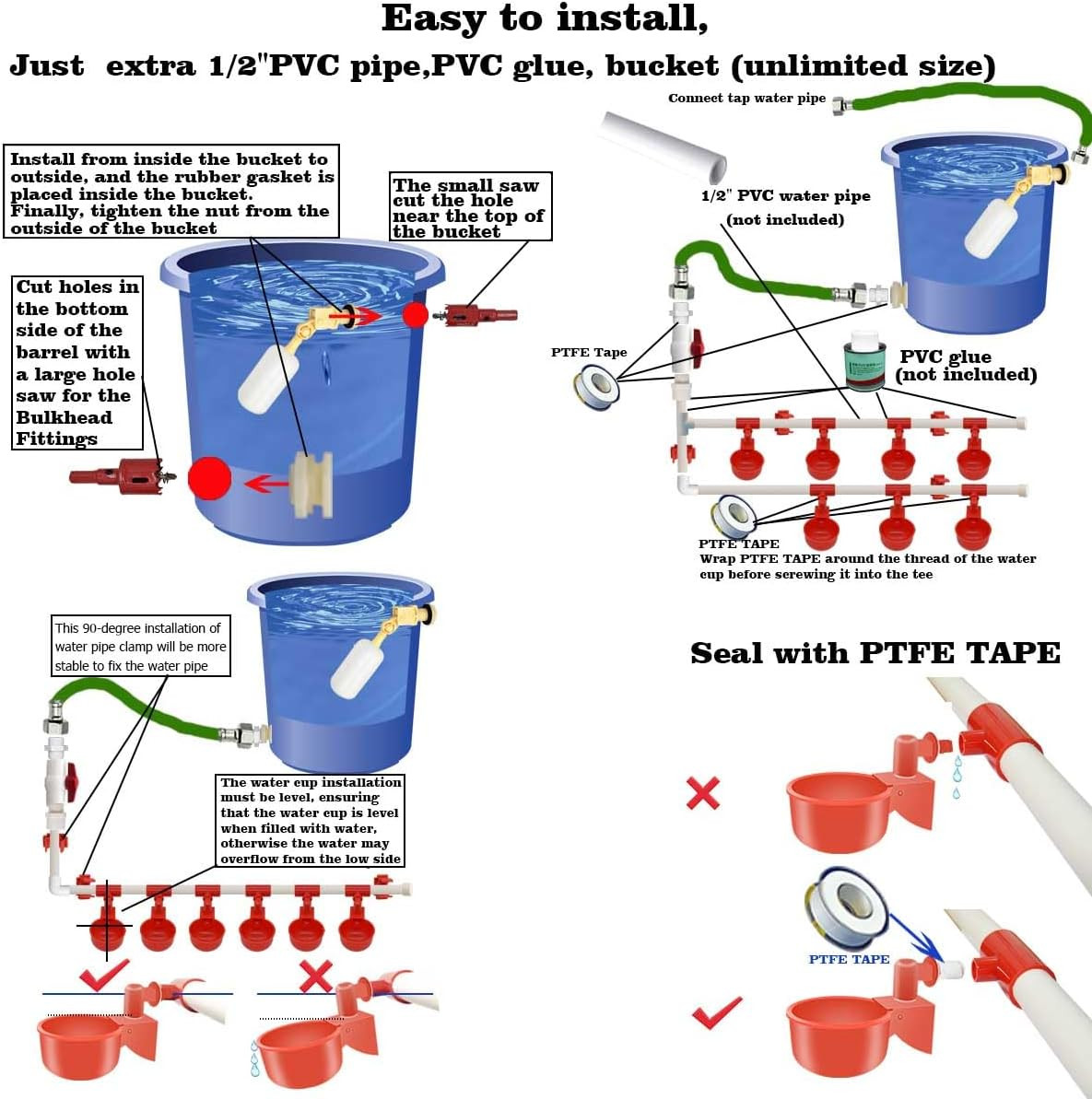 Automatic Chicken Waterer System PVC Pipe DIY Kit for Poultry Duck Quail