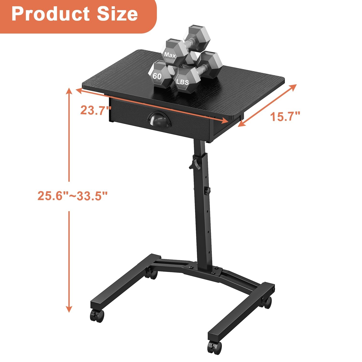 Rolling Adjustable Height Computer Desk With Drawers, Small Mobile Laptop Des...