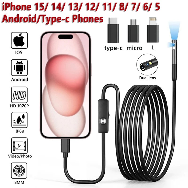 Dual Lens Endoscope 1920P HD Inspection Camera LED Light Borescope IOS Android